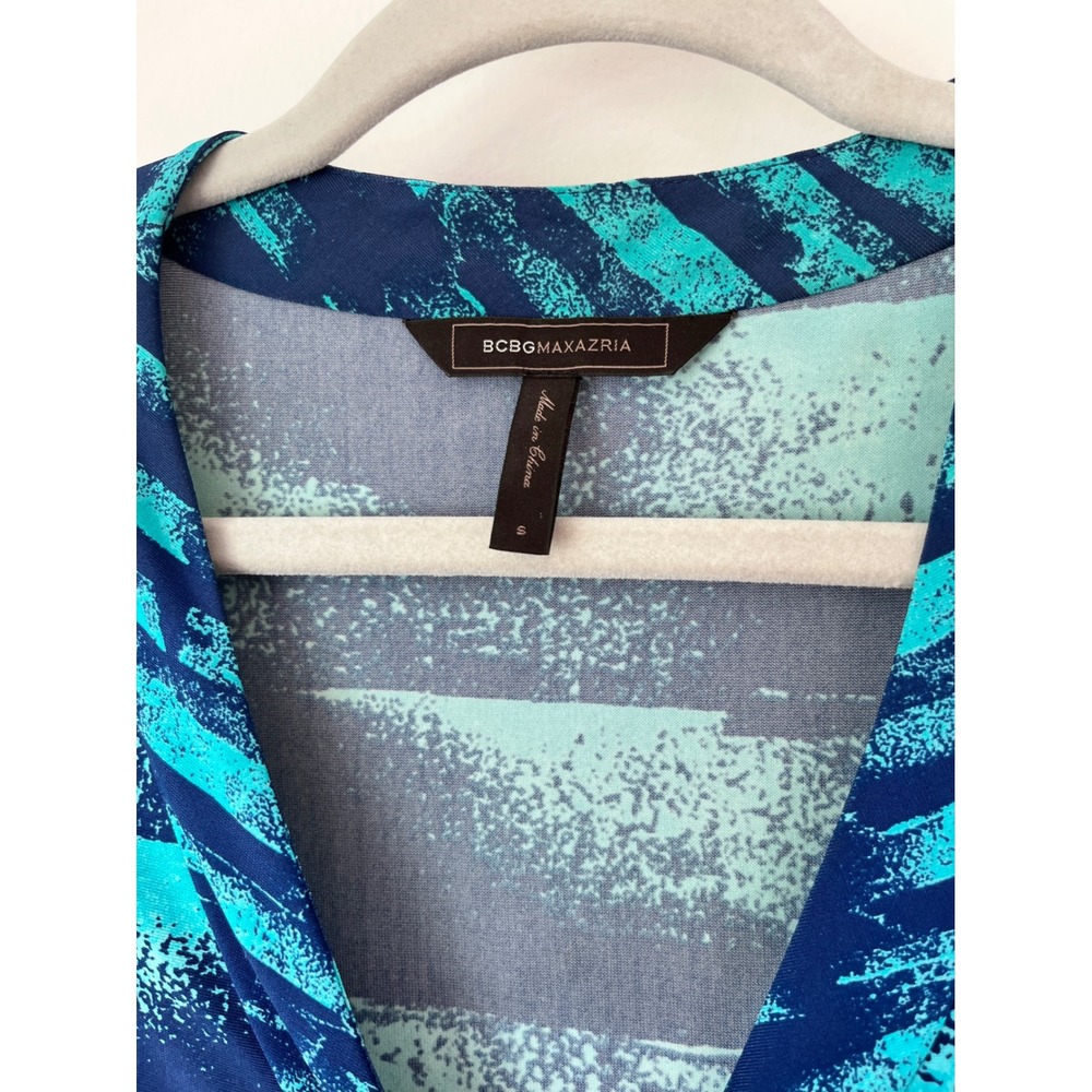 BCBGMAXAZRIA Blue Teal Stripe Print Wrap Dress Midi Long Sleeve - Picture 3 of 5